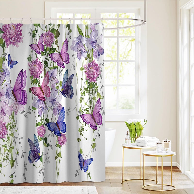 chiinvent Purple Shower Curtain Butterfly Shower Curtains for Bathroom  Spring Shower Curtain Lavender Lilac Pink Floral Shower Curtain with 12 Hooks  Machine Washable Waterproof Fabric  72X72 Inches - Image 3